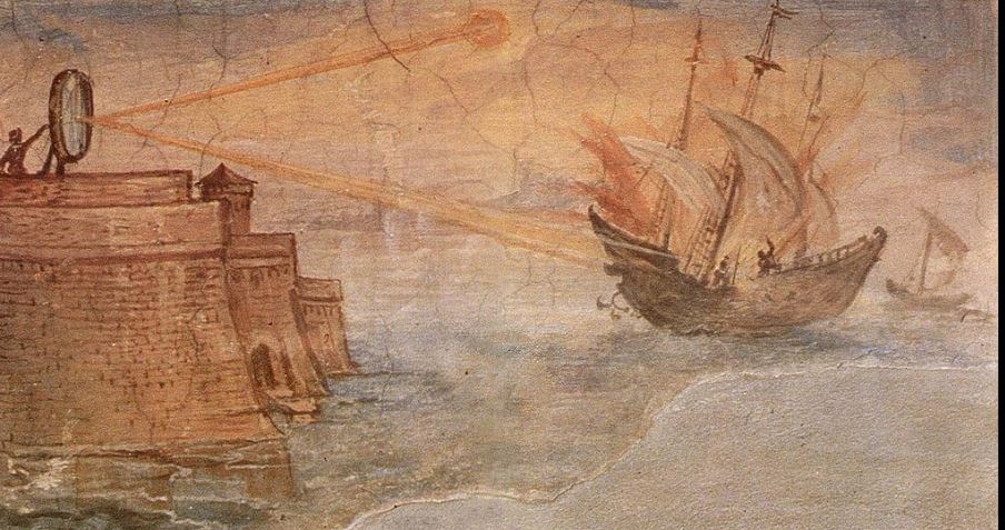 تجسيد فني لمرآة أرخميدس المستخدمة لحرق السفن الرومانية بواسطة جوليو باريجي عام 1599
