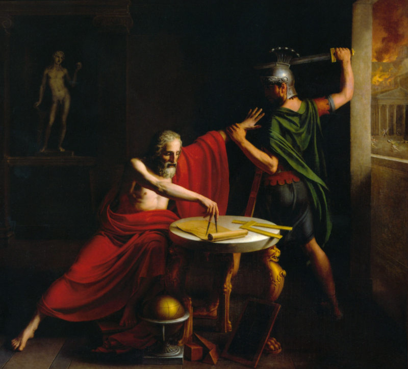 صورة لـ توماس ديجورج عام 1815 تصور كيفية وفاة أرخميدس على يد جندي يوناني 