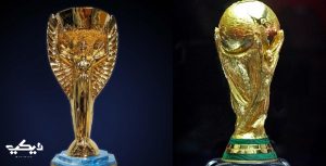 على اليمين نسخة كأس العالم الحديثة، وعلى اليسار نسخة جون ريميه