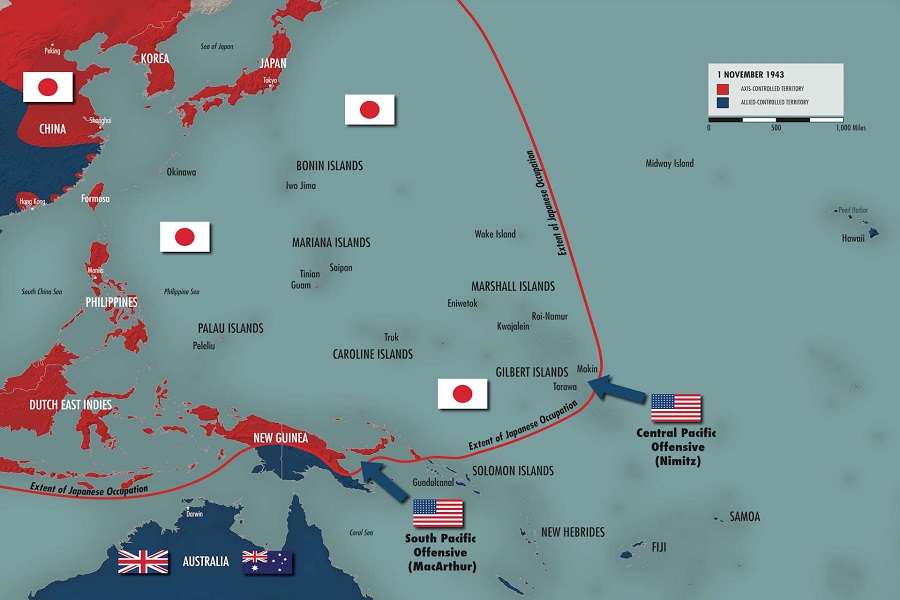 خريطة توضح استراتيجية المحيط الهادي التي تبنتها الولايات المتحدة إبان الحرب العالمية الثانية